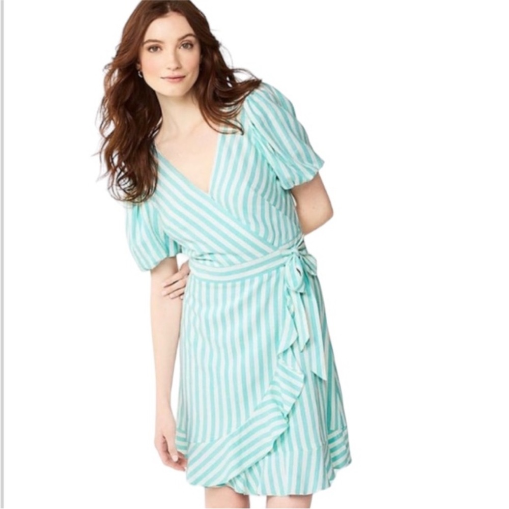 Draper James RSVP Green Striped Ruffled Wrap Dress